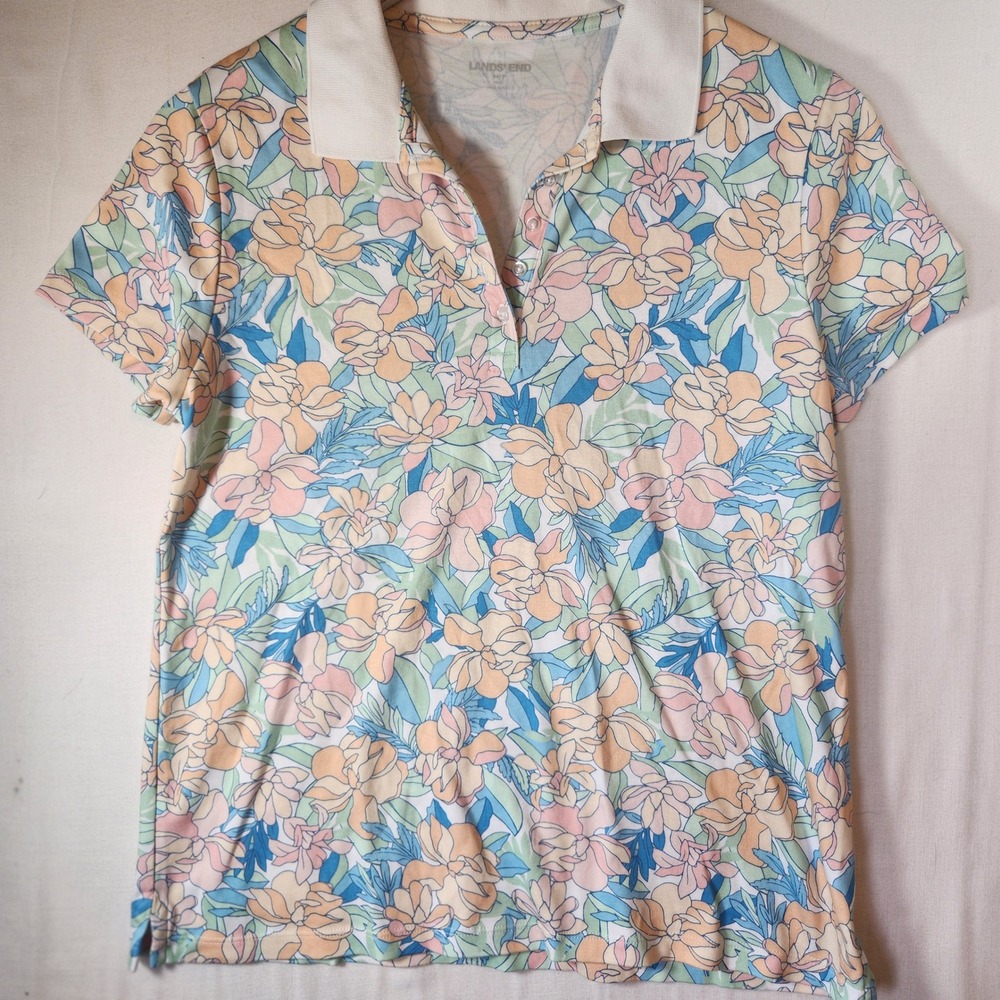 Lands End Womens M 10-12 Polo Shirt Supima Cotton Floral Pastel Short Sleeve Top